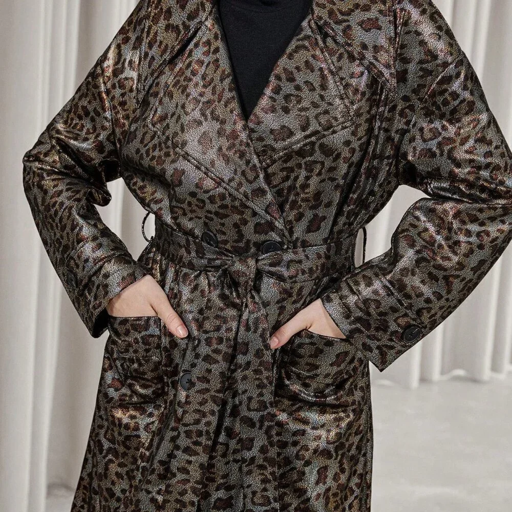 Multicolor Elegant Women's Leopard Print Faux Leather Trench coat / Jacket